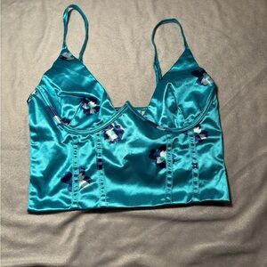 Teal Floral Satin Crop Top